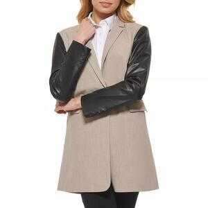 DKNY Mixed Media Black VEGAN Leather Sleeve Long Blazer Mid Jacket NWT sz LARGE